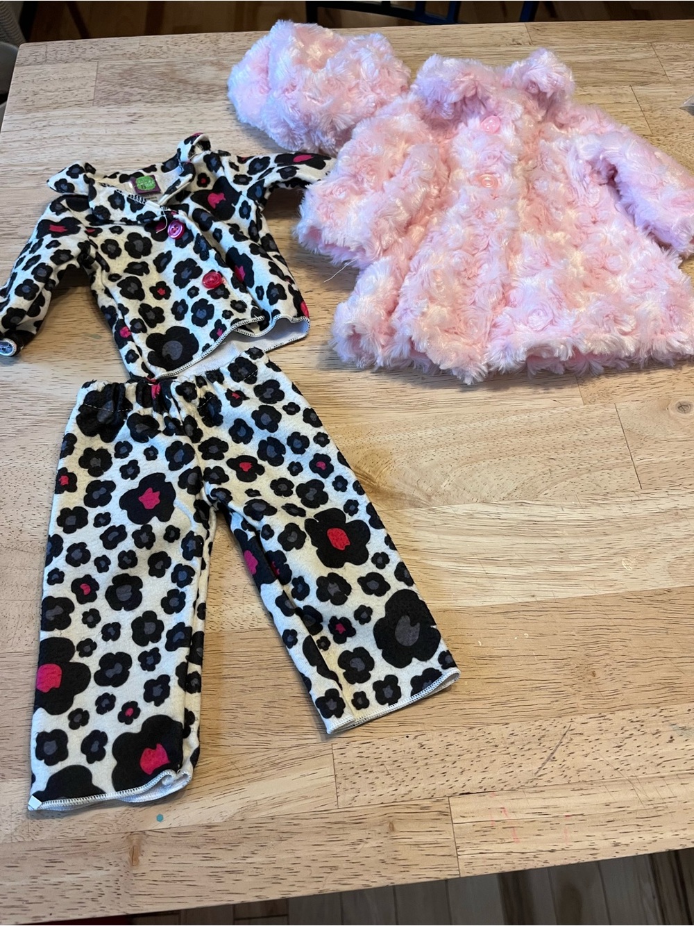 Doll clothing-Plush Pink Faux-Fur Coat + Black & White Leopard Pajama Set